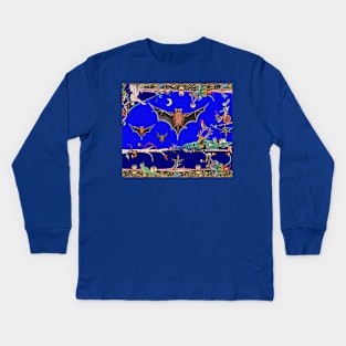 WEIRD MEDIEVAL BESTIARY,FLYING BATS IN BLUE NIGHT ,UNICORN ,KILLER RABBIT Kids Long Sleeve T-Shirt